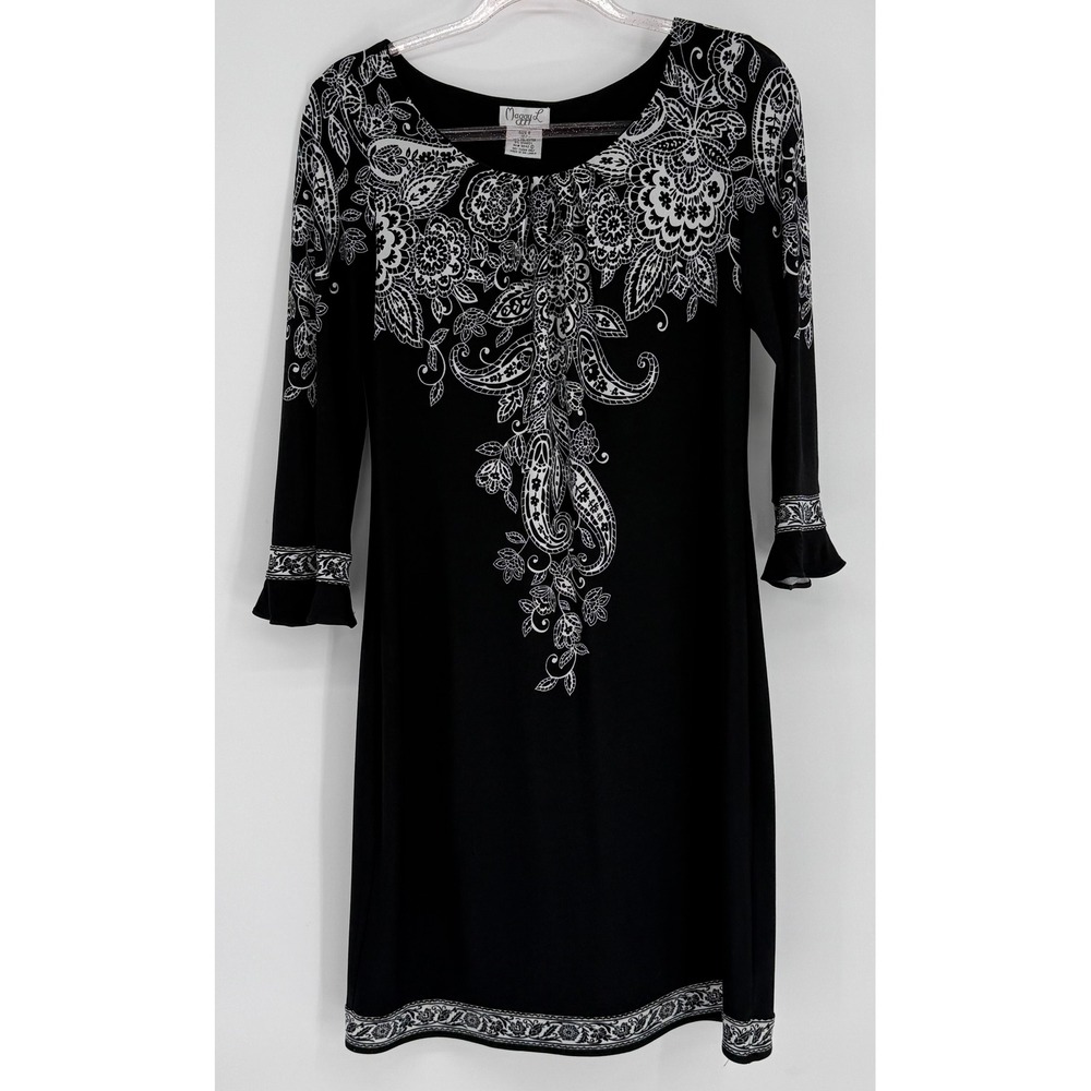 Maggy L Womens Black White Paisley Floral‎ Sheath Dress Ruffle Cuff Sz 8